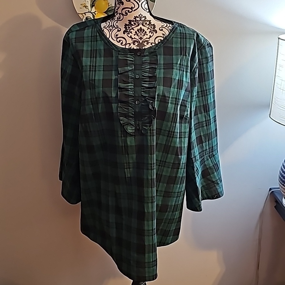 Draper James sz XXL Ruffle Placket Tunic green Blackwatch Plaid shirt WT102 - Picture 2 of 7